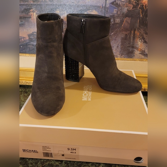 MICHAEL KORS GRAY SUEDE BOOTIE BLACK CRYSTAL HIGH HEEL BOOTS SIDE ZIPPER SZ 9.5 - Picture 2 of 11